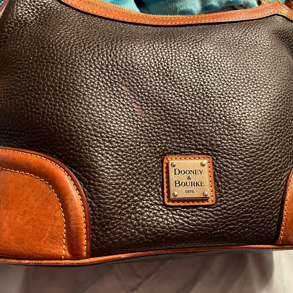 Dooney & Bourke Dark Brown Pebbled Leather Shoulder Bag with Tan Trim